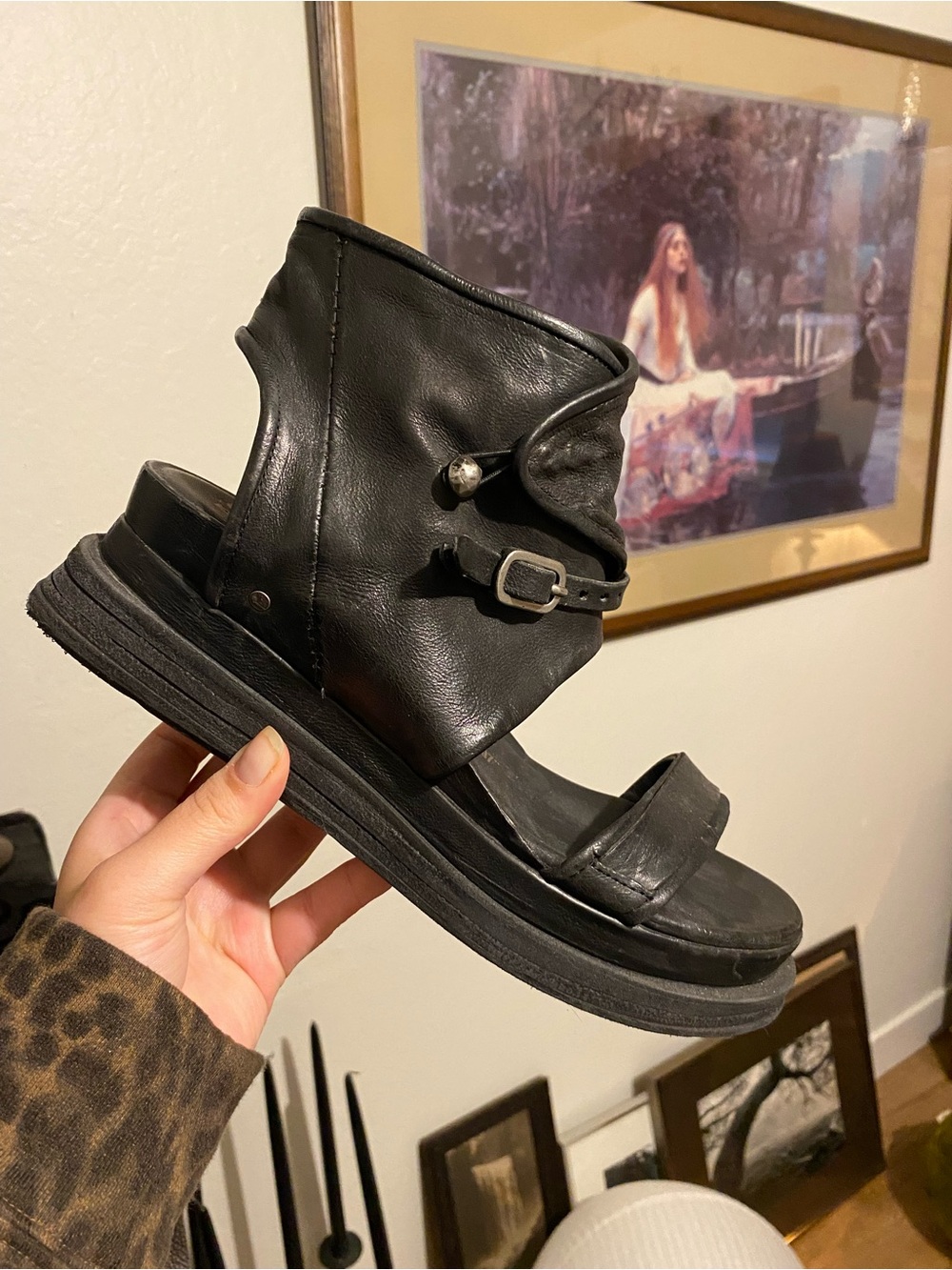 A.S.98 Black Leather Open-Toe Ankle Cuff Sandal